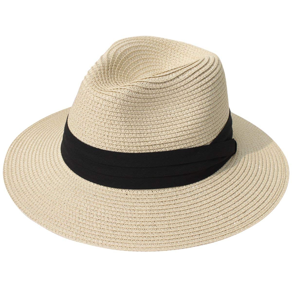 Lanzom Women Wide Brim Straw Panama Roll up Hat Fedora Beach Sun Hat UPF50+ | Amazon (US)