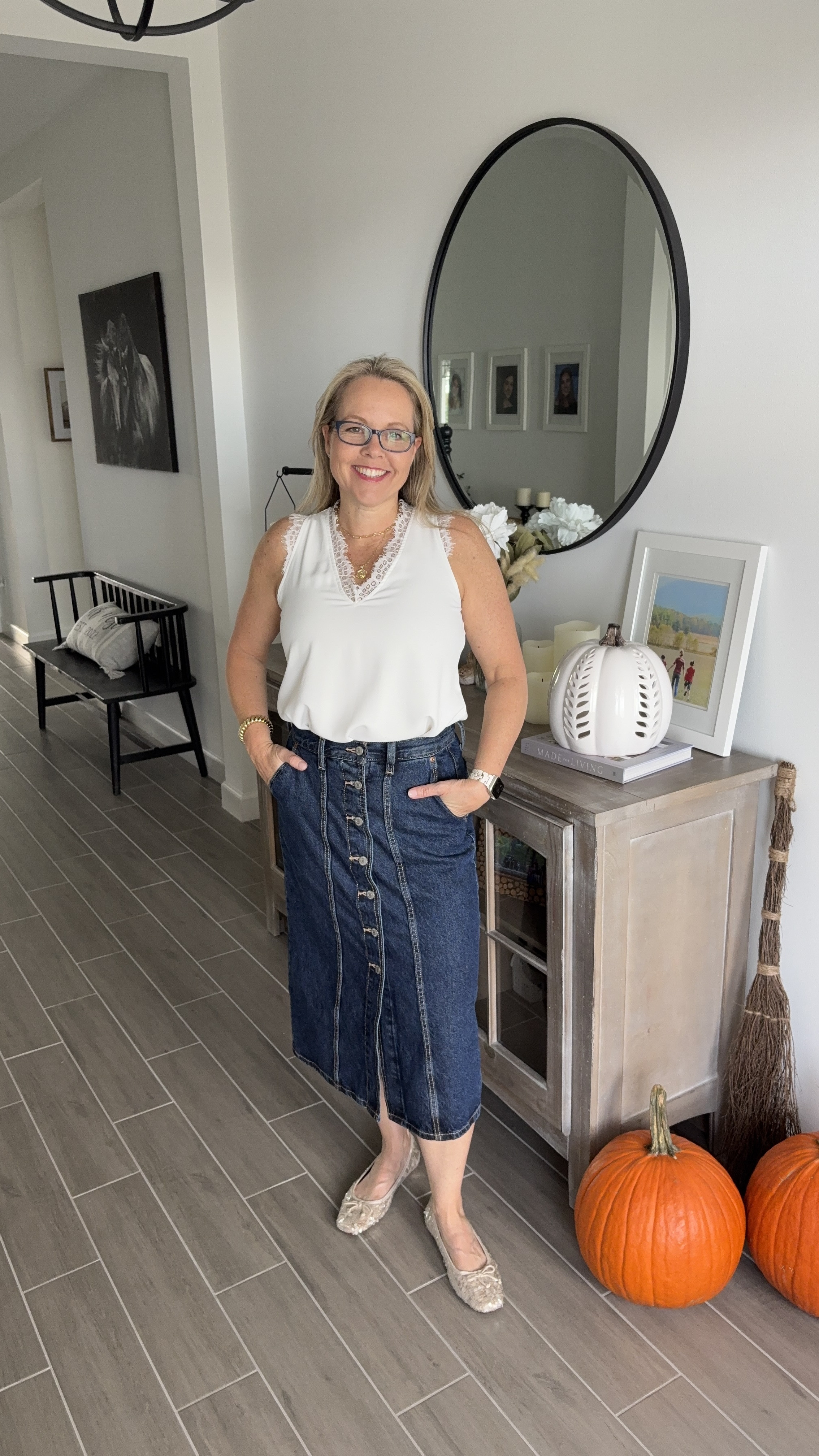 High waisted midi length denim skirt paired with lace white tank top and sequin ballet flats from Scoop. Shoes run big. 

#LTKFindsUnder50 #LTKOver40 #LTKStyleTip