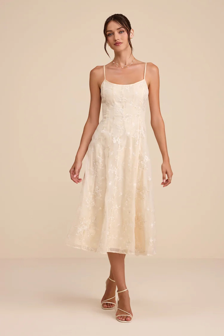 Elfrieda Cream Floral Embroidered Sleeveless Midi Dress | spring fashion 2026 | Lulus