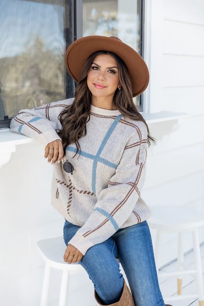 Sweet And Casual Beige And Blue Plaid Sweater | Pink Lily