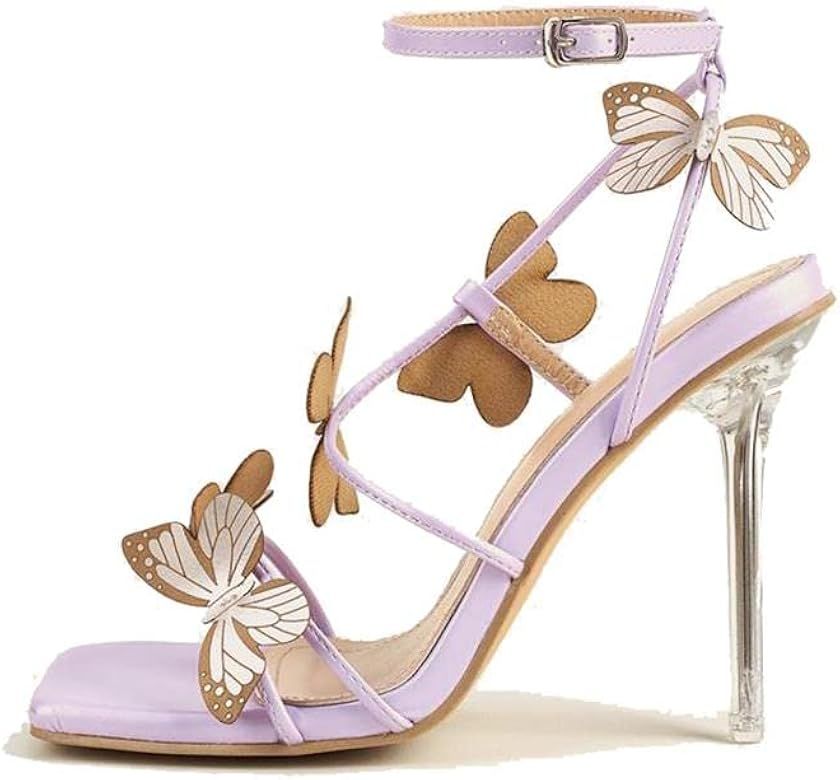 Womens Butterfly Heeled Sandals Strappy Clear High Heels | Amazon (US)