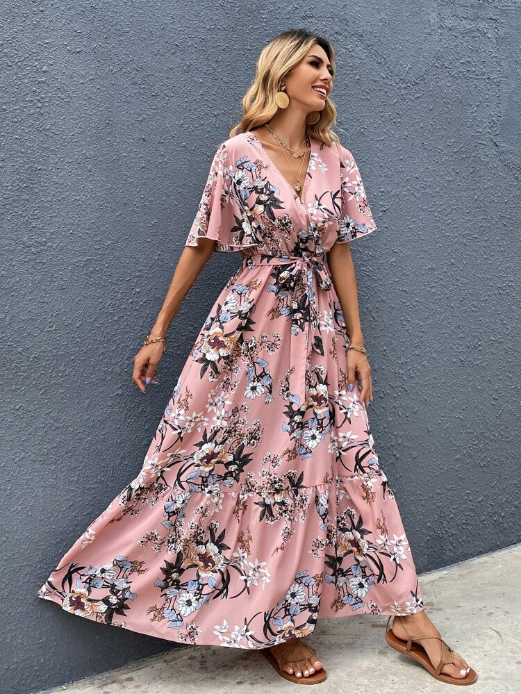 Surplice Front Floral Print Belted Dress | SHEIN