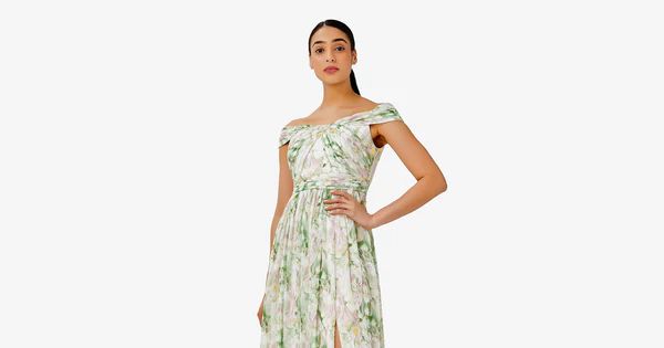 Floral-Print Off-The-Shoulder Chiffon Long Gown In Spring Mint Multi | Adrianna Papell