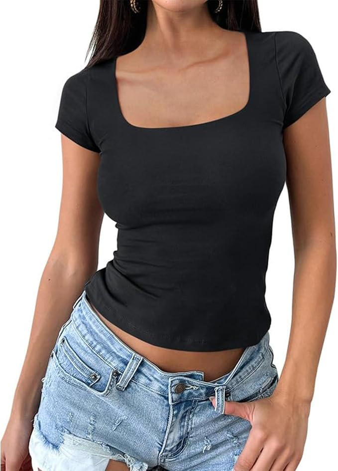 Womens Square Neck Short Sleeve Basic Tee Tops Slim Fitted Solid Color T-Shirts Summer Casual Goi... | Amazon (US)