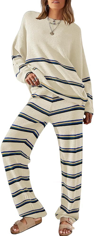 Athlisan Womens 2 Piece Outfits Lounge Sets Striped Sweater Sets Cozy Knit Long Sleeve Pullover | Amazon (US)