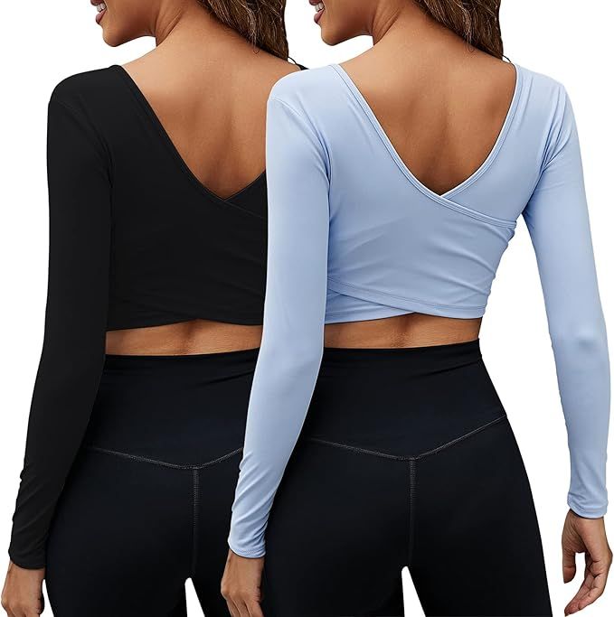 Women's Crop Tops Workout Long Sleeve Shirts 2 Pack Gym Dry Fit Athletic Yoga Cross Back Sport Co... | Amazon (US)