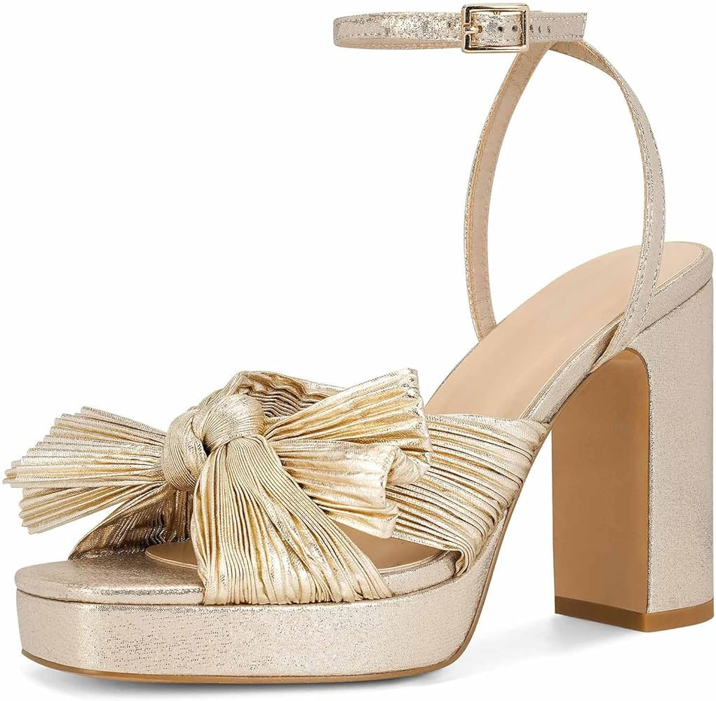 MICIFA Women's Bow Heeled Sandals Pleated Bowknot Platform High Heel Sandals Ankle Strap Chunky D... | Amazon (US)
