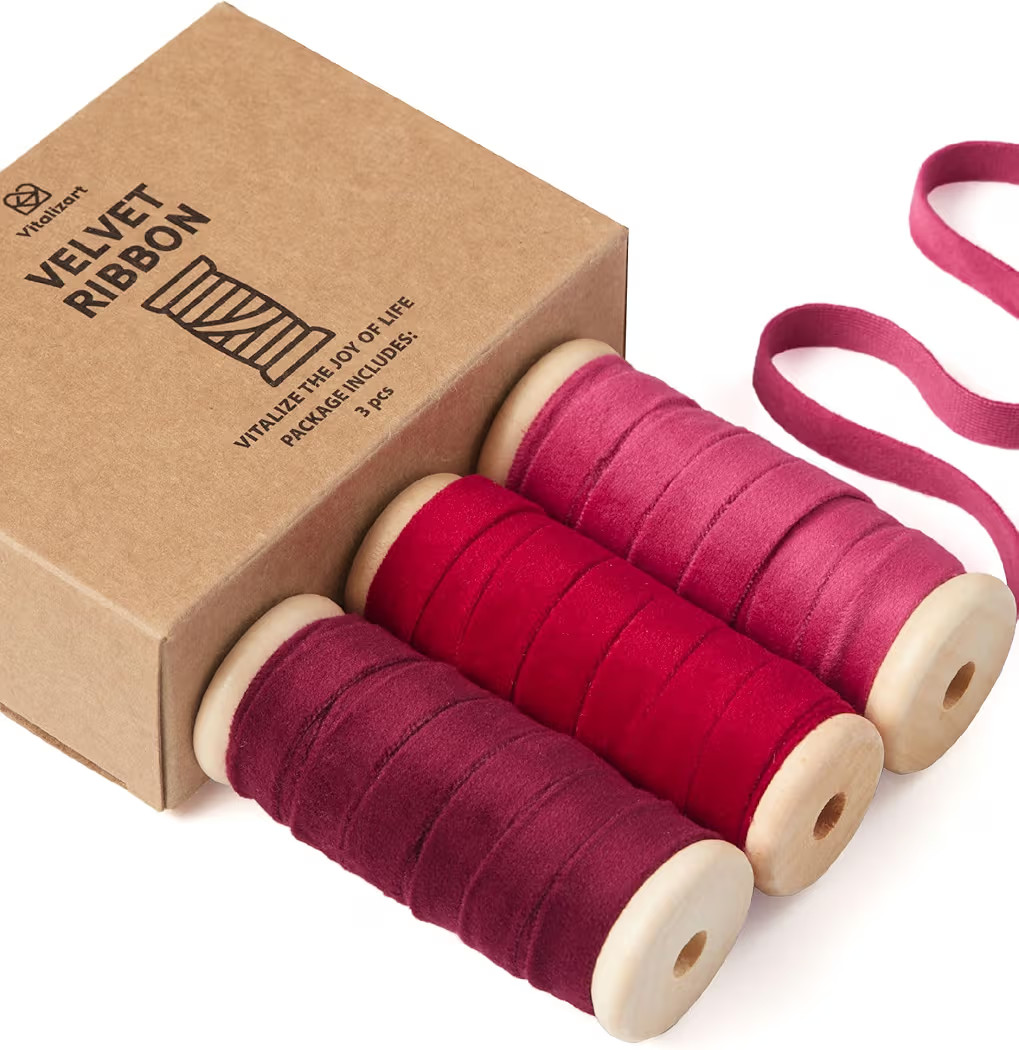 Vitalizart Red Velvet Ribbon Set 3/8" x 15 Yd Burgundy Fabric Trim 3 Rolls * 5 Yd for Christmas W... | Amazon (US)