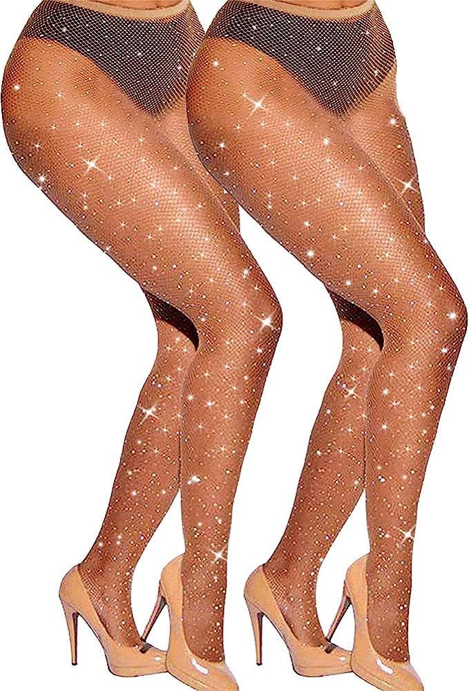 VEBZIN Sexy Sparkly Fishnets Stockings Jeweled High Waist Fishnet Tights for Women Rhinestone Par... | Amazon (US)