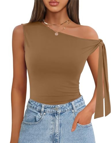ZESICA Women's Off Shoulder Tops 2025 Summer Sleeveless Knit Slim Fit Cute T Shirts Going Out Tank Top,Mocha,Small | Amazon (US)