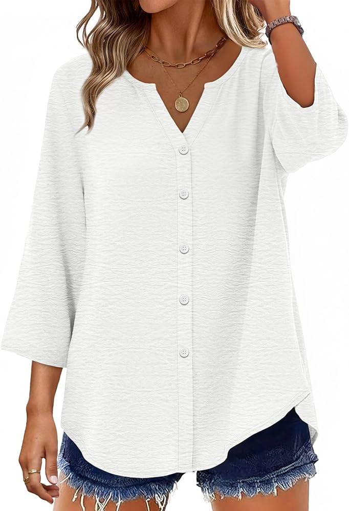 OFEEFAN Button Down Shirts for Women 3/4 Length Sleeve Tops V Neck Blouses Business Casual Outfit... | Amazon (US)