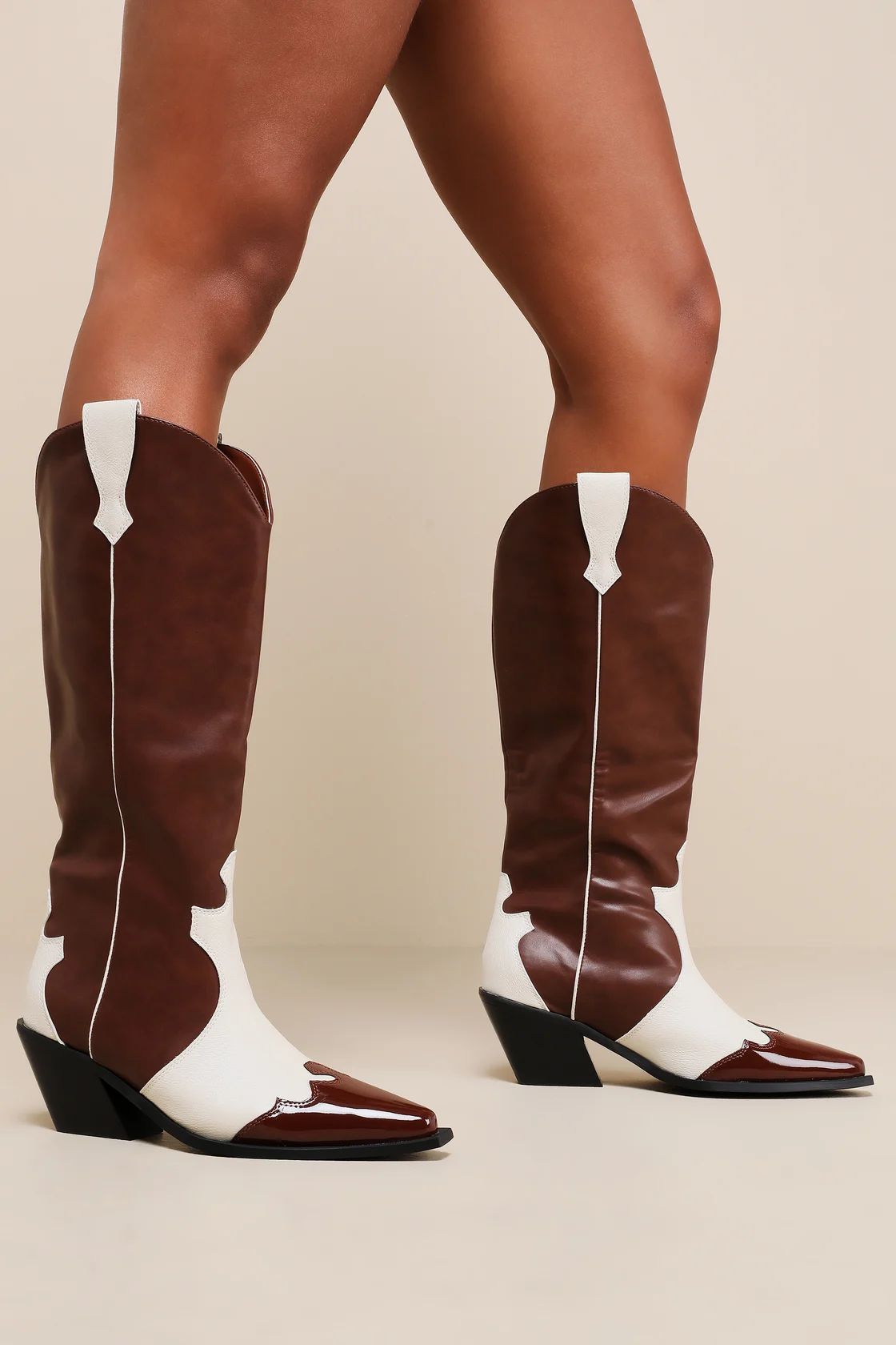 Etta Chocolate and Ivory Color Block Knee-High Western Boots | Lulus
