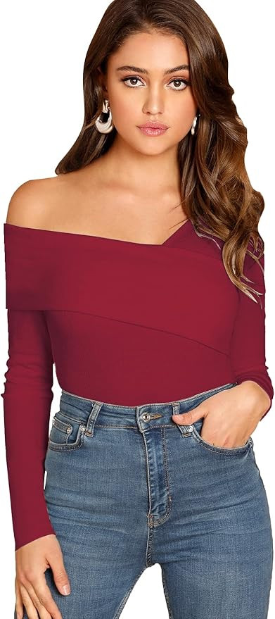Romwe Women's Casual Cross Off Shoulder Deep V Neck Ribbed Knit Slim Wrap Tee Shirt Blouse | Amazon (US)