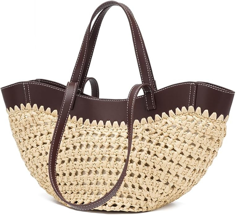 Large Straw Tote Bag for Women, Woven Summer Beach Bag with Leather Trim & Double Straps, Handmad... | Amazon (US)