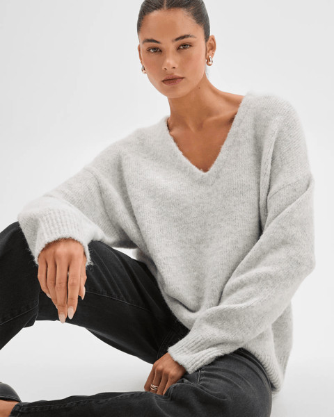 Lily Loves V-Neck Fluffy Knit Jumper - Silver Marle | Target AU