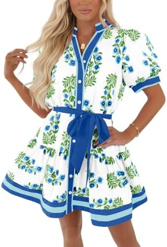 Wenrine Womens Summer Floral Mini Dress Puff Short Sleeve V Neck Button Down Casual Loose Boho Be... | Amazon (US)