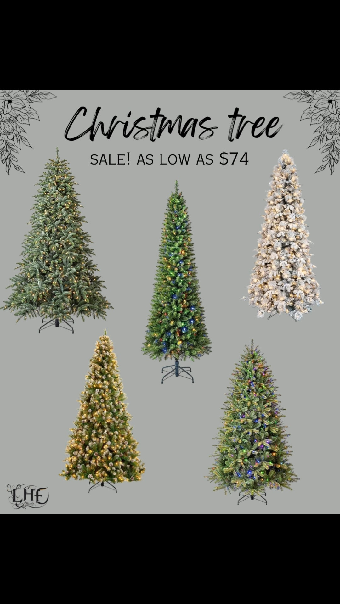 Christmas tree sale! Shop by clicking the thumbnails! Christmas tree, tree decor, sale alert, Christmas decor, holiday decor, Lowe’s, Lowe’s Christmas, home decor, holiday season, flocked tree, flocked Christmas tree, pre lit Christmas tree