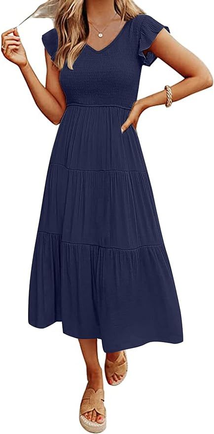 MEROKEETY Women's Flutter Sleeve Smocked Midi Dress V Neck Casual Tiered Dresses with Pockets | Amazon (US)