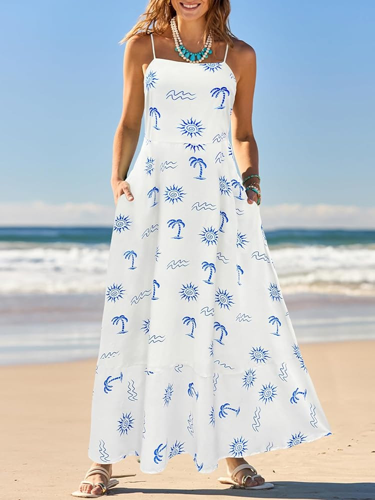 MEROKEETY Women's 2024 Summer Floral Boho Maxi Dresses Casual Sleeveless Spaghetti Strap Smocked ... | Amazon (US)