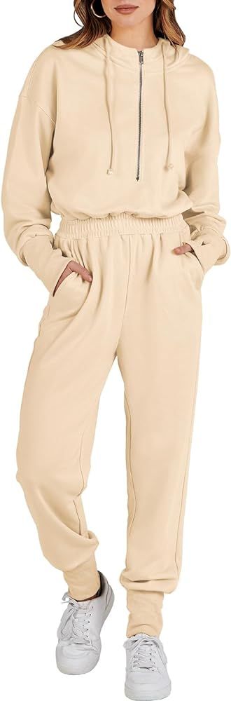 Caracilia Women's Jumpsuits Long Sleeve Zip Up Athletic Hooded Onesies Lounge Long Pants Rompers Clo | Amazon (US)