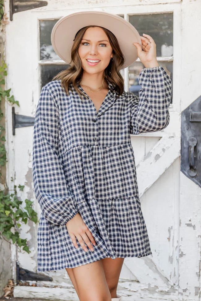 She's Exceptional Long Sleeve Plaid Babydoll Grey Dress | Pink Lily