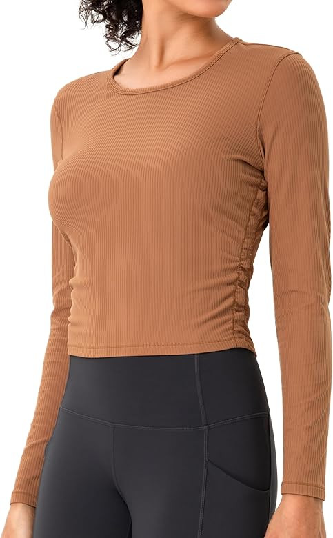 YUNOGA Women's Long Sleeve Workout Shirts Ribbed Compression Shirt Athletic Yoga Slim Fit Tops | Amazon (US)
