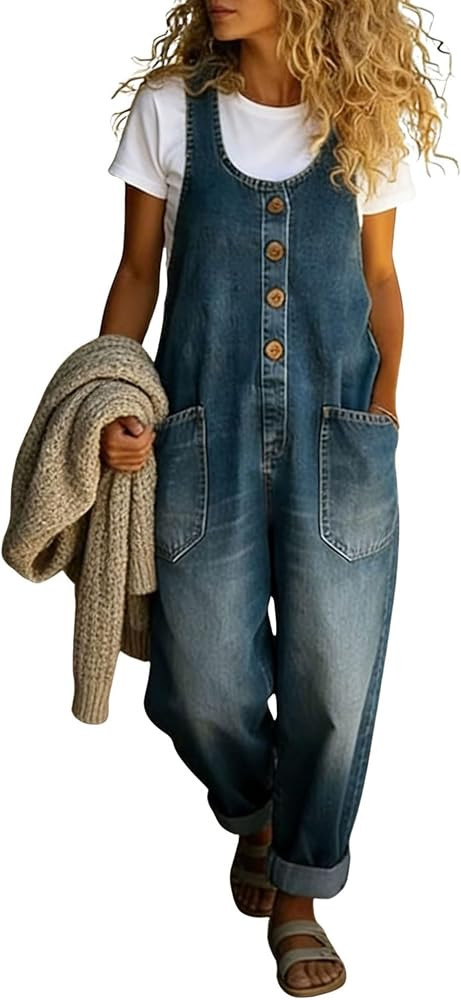 chouyatou Women's Suspender Strap Loose Denim Bib Overalls Y2k Baggy Distressed Jeans Wide Leg Ju... | Amazon (US)