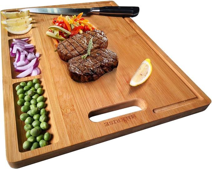 HHXRISE Large Organic Bamboo Cutting Board for Kitchen, with 3 Built-in Compartments and Juice Gr... | Amazon (US)