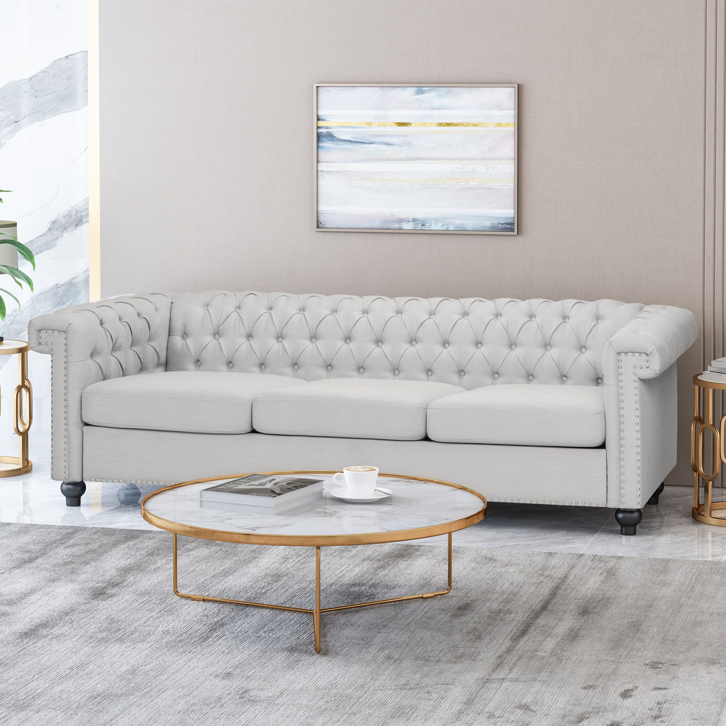 Noble House Conrado Tufted Chesterfield Fabric 3 Seater Sofa, Pebble Gray and Dark Brown - Walmar... | Walmart (US)