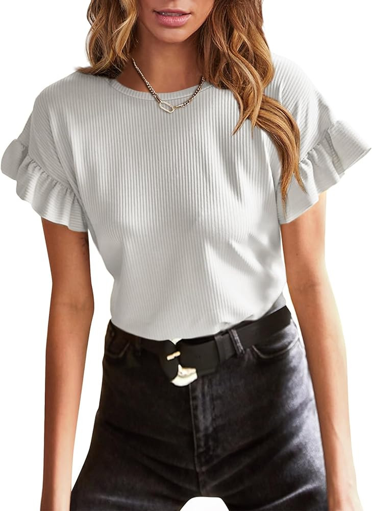 EVALESS Womens Summer Casual Tops Short Sleeve Ruffle Plain Round Neck T Shirts Ladies Knit Loose... | Amazon (CA)