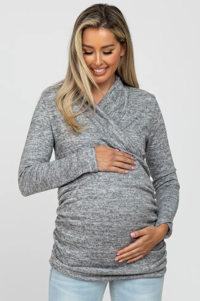 Heather Grey Soft Heathered Draped Wrap Maternity/Nursing Top | PinkBlush Maternity