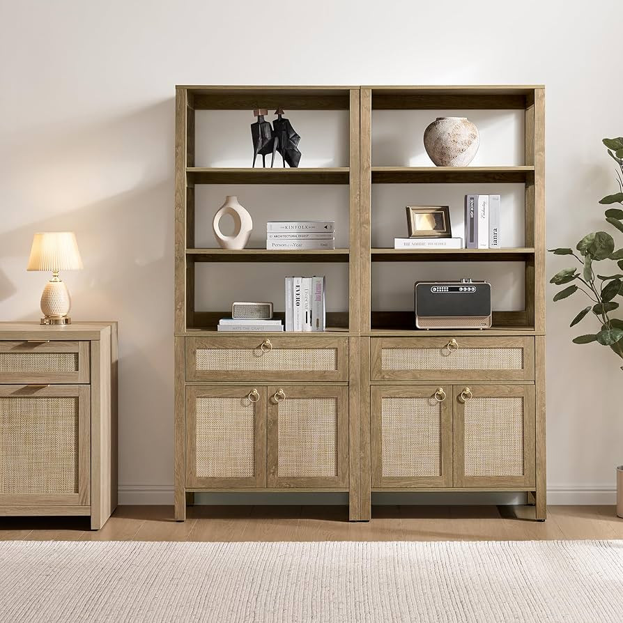 SICOTAS Book Shelf with Drawer and Doors, Rattan Bookshelf with Round Gold Handle, 3 Tier Shelf f... | Amazon (US)