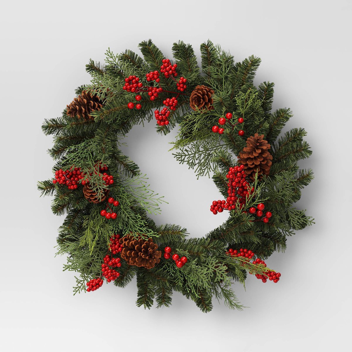 28" Mixed Greenery and Cedar with Pinecones and Red Berries Artificial Christmas Wreath Green - W... | Target