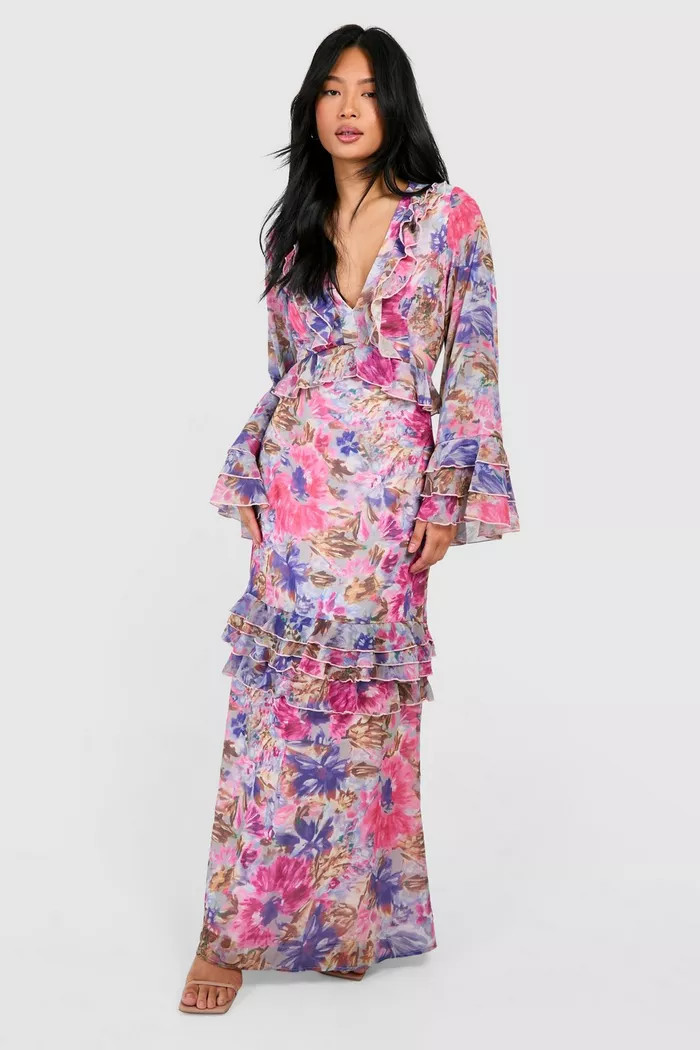 Petite Floral Ruffle Flare Sleeve Woven Maxi Dress | boohoo (US & Canada)