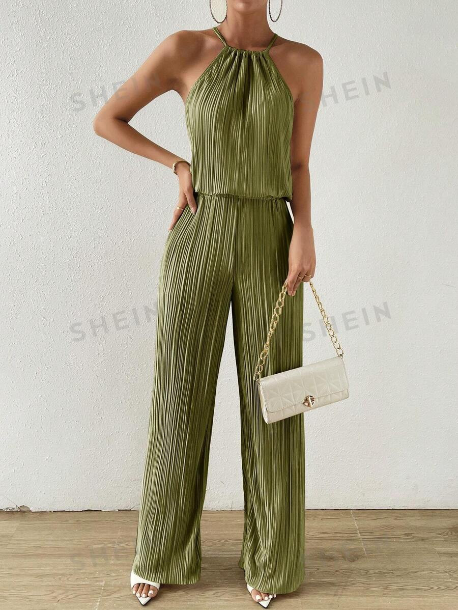 SHEIN Essnce Solid Plisse Halter Top & Wide Le Pants | SHEIN