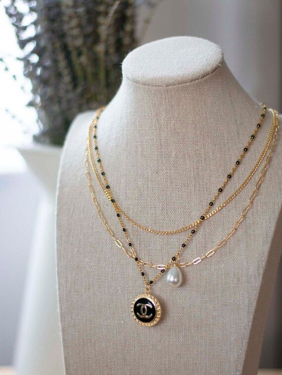 Gold Vintage Button Necklace, Repurposed Button Necklace, Vintage Pearl Necklace, Black Rosary Ne... | Etsy (US)