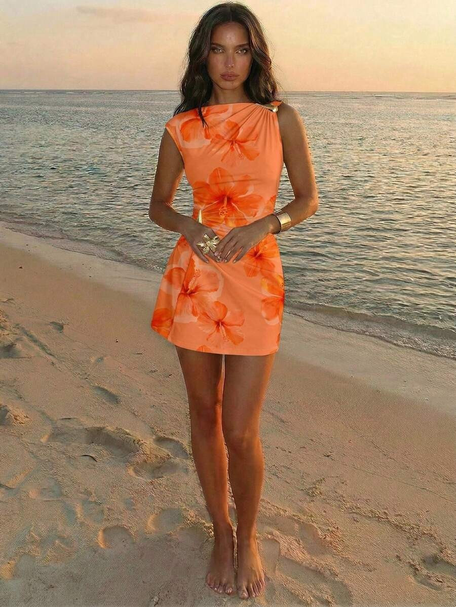 Aloruh Women's Elegant Tropical Orange Floral Hibiscus Print Metal Decor Ruched Umbrella Hem Mini... | SHEIN