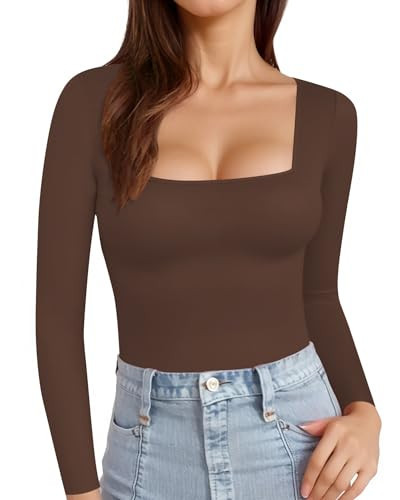 MANGOPOP Womens Long Sleeve Shirts Square Neck T Shirts Tops Fitted Tees(Coffee, XX-Large) | Amazon (US)