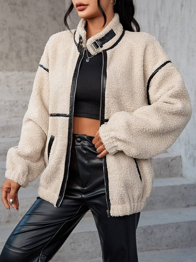 QBOMB Jackets for Women Women's Jacket Contrast Binding Drop Shoulder Teddy Jacket Jackets (Color... | Amazon (US)