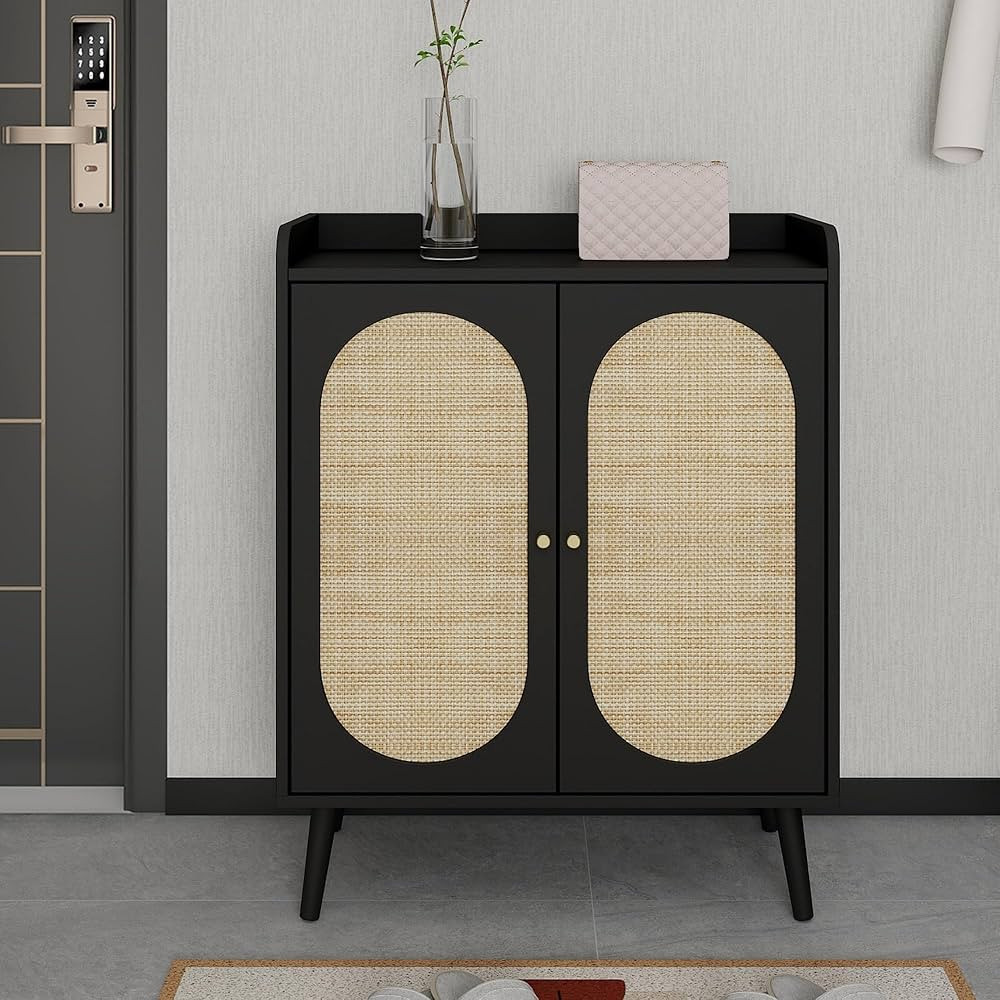 wirrytor Rattan Shoe Cabinet,16 Pairs Shoe Storage Cabinet with 2 Rattan Doors,4-Tier Modern Entr... | Amazon (US)