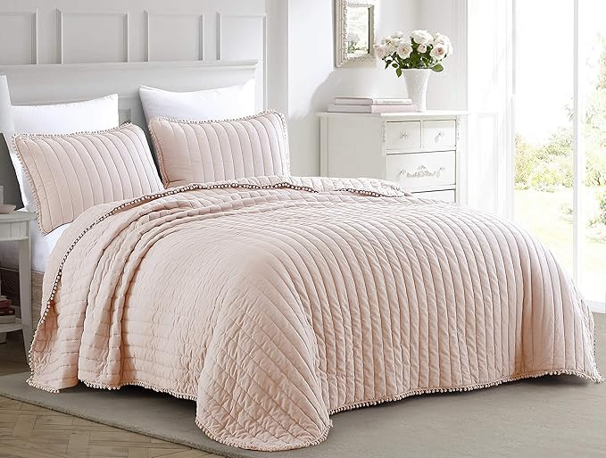 Chezmoi Collection Iris 3-Piece Blush Pink Pom Pom Quilt Set - Ball Fringe Channel Stitch Quilted... | Amazon (US)