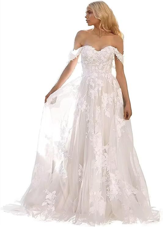 Wedding Dresses for Bride Laces Applique Bridal Gowns for Women A-line Belt Elegant Wedding Gown ... | Amazon (US)
