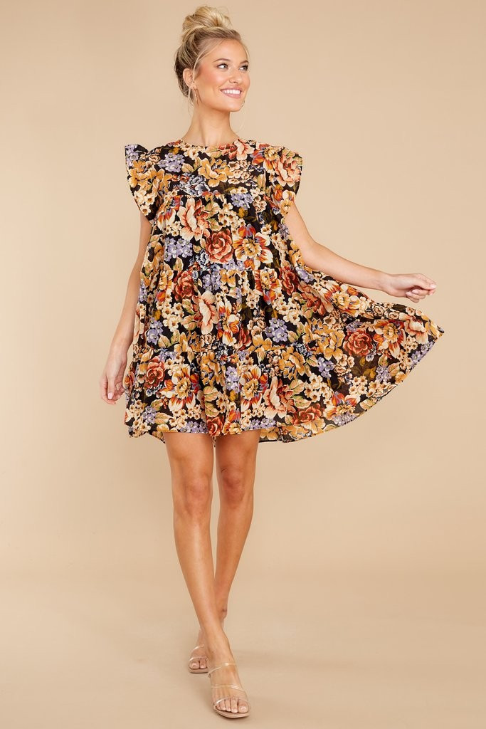 Blooming Mood Black Multi Floral Print Dress | Red Dress 