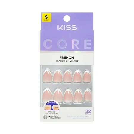 Kiss Core French Tip Press On Nails Almond, ‘Passionate’, White, Short Length, 32 Count | Walmart (US)