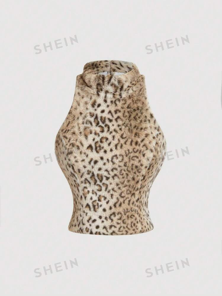 SHEIN MOD Women's Faux Fur Leopard Print Halter Neck Fashionable Blouse,Leopard Costume,Leopard T... | SHEIN