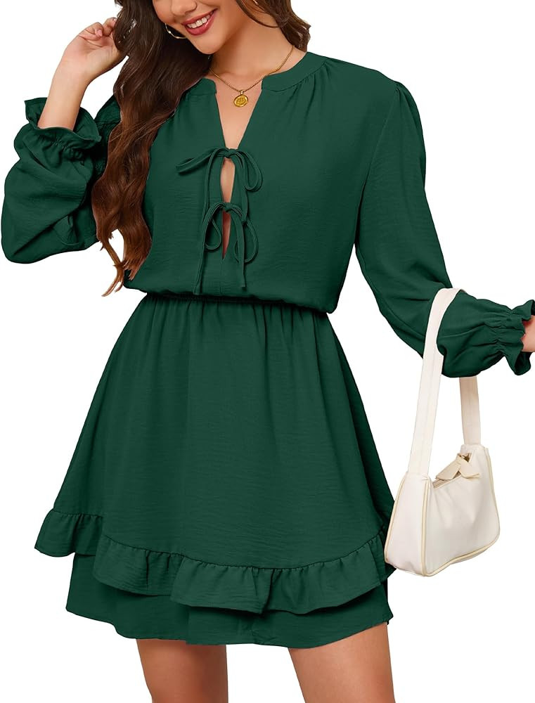 Angashion Womens Tie Front Mini Dress: V Neck Long Sleeve Layer Ruffle Hem Dress with Pockets | Amazon (US)