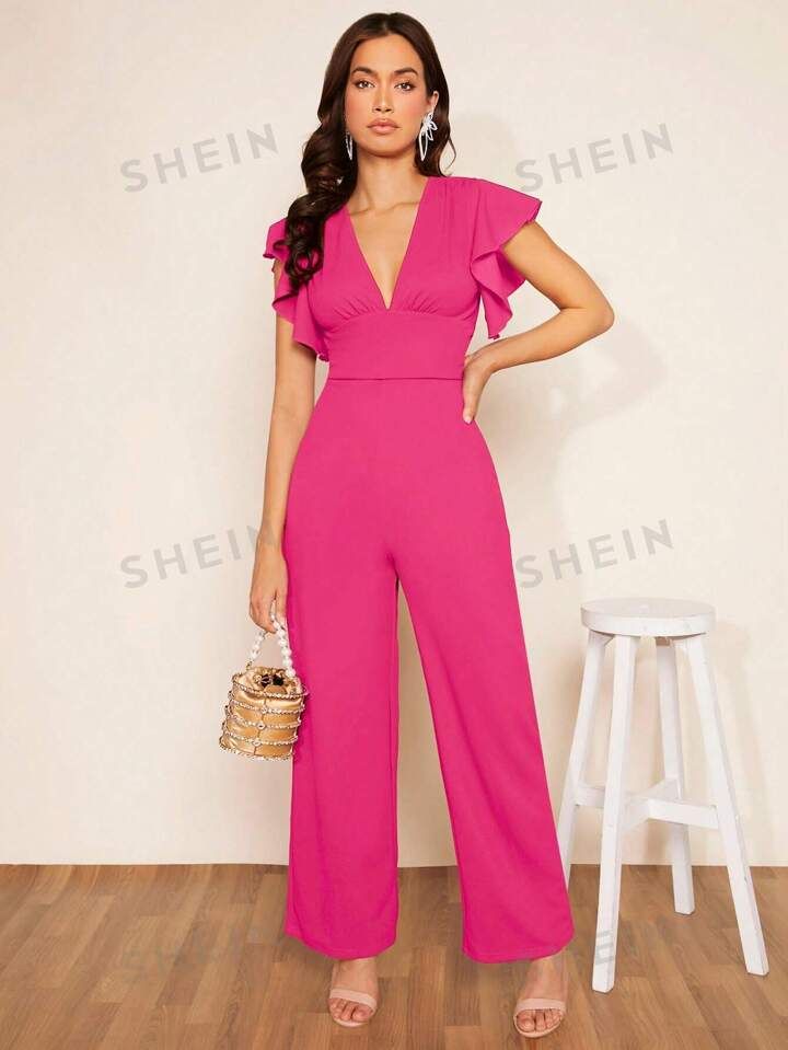 SHEIN BAE Ruched Bust Ruffle Trim Wide Leg Jumpsuit | SHEIN