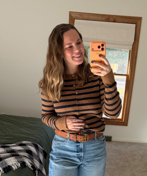 A Perfect Autumn Find - this Navy & Camel striped cardigan! If you need a good brown belt with gold hardware, this one from FP is great! 


#LTKFindsUnder50 #LTKmomlife #LTKootd