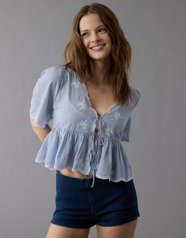AE Embroidered Tie Front V-Neck Blouse | American Eagle Outfitters (US & CA)