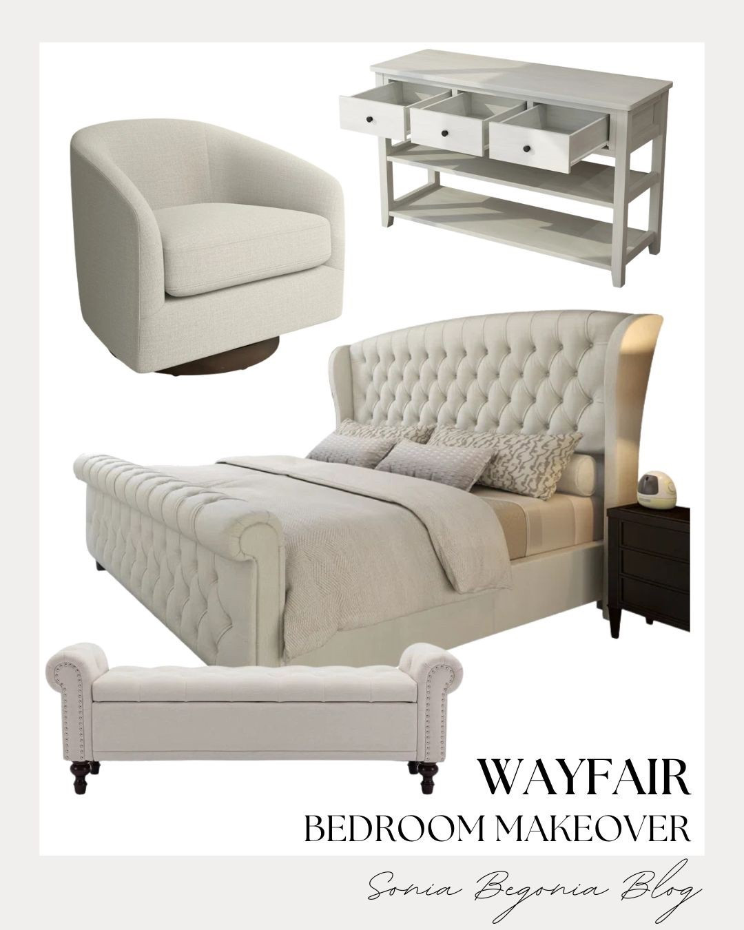 WAYFAIR BEDROOM: Timeless Textures & Creamy Neutrals! ☁️

Elevate your private sanctuary with this stunning bedroom makeover featuring elegant finds from Wayfair!

I am obsessed with the sophisticated mix of classic silhouettes and cozy, neutral tones in this curated collection. The centerpiece is a breathtaking cream tufted wingback bed that adds an immediate sense of luxury to the space. I paired it with a matching tufted storage bench at the foot of the bed and a plush, oversized swivel armchair for a perfectly coordinated, high-end look. To balance the soft textures, I added functional, sleek furniture like the three-drawer white console table and a rich dark wood nightstand. I finished the look with a modern humidifier and textured neutral pillows for a touch of polished, serene glam!

#OOTD
#Wayfair
#WayfairHome
#BedroomMakeover
#NeutralHome
#MasterBedroom
#TuftedBed
#InteriorInspo
#HomeRefresh
#AestheticHome
#CozyBedroom
#EverydayChic
#LTKHome
#InteriorDesign
#StylingInspo

#LTKHome